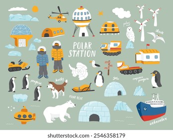 Polar station objects collection. Arctic or Antarctic expedition elements set Polar base and animals. Vector illustration.