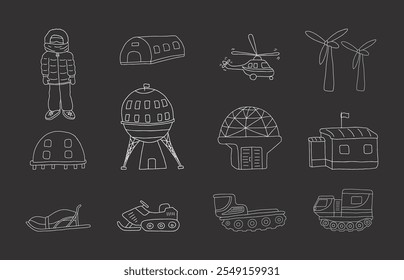 Polar station objects collection. Arctic or Antarctic expedition elements set. Vector illustration.