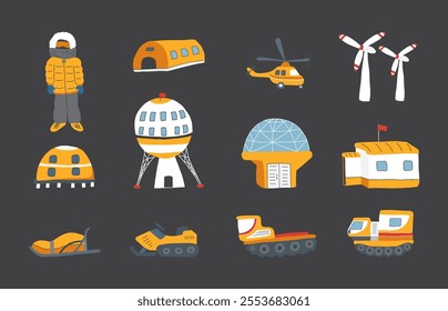 Polar station objects collection. Arctic or Antarctic expedition elements set. Vector illustration.