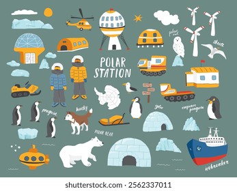 Polar station objects collection. Arctic or Antarctic expedition elements set Polar base and animals. Vector illustration.