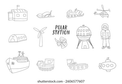 Polar station objects collection. Arctic or Antarctic expedition elements set. Vector illustration.