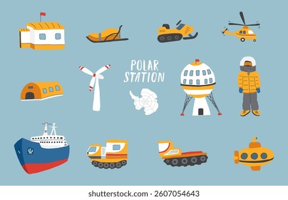 Polar station objects collection. Arctic or Antarctic expedition elements set. Vector illustration.