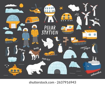 Polar station objects collection. Arctic or Antarctic expedition elements set Polar base and animals. Vector illustration.