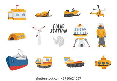 Polar station objects collection. Arctic or Antarctic expedition elements set. Vector illustration.