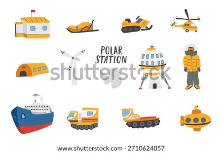Polar station objects collection. Arctic or Antarctic expedition elements set. Vector illustration.