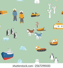 Polar station seamless pattern. Cute Cartoon arctic animals background. Vector Illustration.