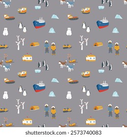 Polar station seamless pattern. Cute Cartoon arctic animals background. Vector Illustration.