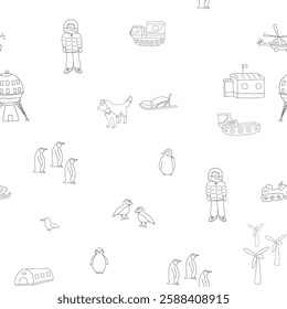 Polar station seamless pattern. Cute Cartoon arctic animals background. Vector Illustration.