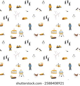 Polar station seamless pattern. Cute Cartoon arctic animals background. Vector Illustration.