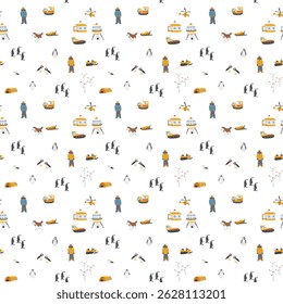 Polar station seamless pattern. Cute Cartoon arctic animals background. Vector Illustration.