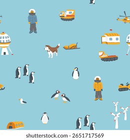 Padrão contínuo da estação polar. Fundo bonito dos animais árticos dos desenhos animados. Ilustração de vetor.