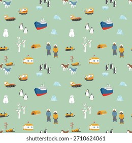 Patrón sin fisuras de estación polar. Fondo lindo de animales árticos de dibujos animados. Ilustración vectorial.