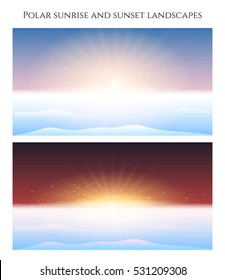 Polar sunrise and sunset landscape set banners. Vector illustration