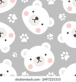 polar teddy bear cute hand drawn face on a neutral grey texture with foot prints seamless pattern background