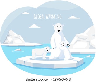 Polar white bear against background of iceberg, she-bear and cubs. Wild animal living in antarctica. Large mammal with white fur from north. Melting glacier, climate change and global warming concept