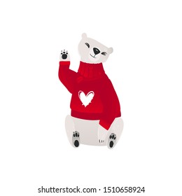 Polar white bear baby in the red winter sweater cute cartoon character, flat vector illustration isolated on white background. The animal for winter Christmas designs.