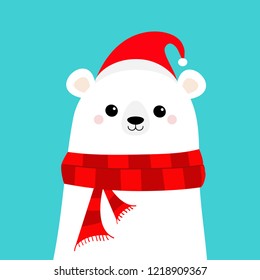 Polar white bear cub face in red Santa hat, scarf. Cute cartoon baby character. Happy New Year. Merry Christmas. Arctic animal. Flat design Hello winter. Blue background. Vector illustration