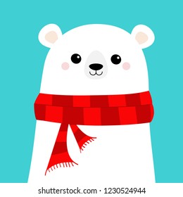 Polar white bear cub face wearing red scarf. Merry Christmas. Happy New Year. Cute cartoon baby character. Arctic animal. Flat design. Hello winter. Blue background. Vector illustration