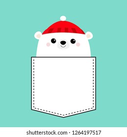 Polar white bear cub face. Red hat. T-shirt pocket. Merry Christmas. Happy New Year. Cute cartoon baby character. Arctic animal. Hello winter. Flat design. Hello winter. Blue background. Vector