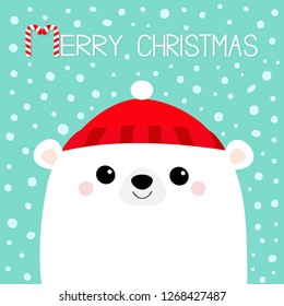 Polar white bear cub face. Red hat. Happy New Year. Merry Christmas. Cute cartoon baby character. Arctic animal. Hello winter. Flat design. Hello winter. Blue snow background. Vector illustration