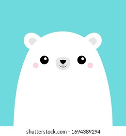 Polar white bear cub face. Cute cartoon kawaii funny baby character. Arctic animal. Hello winter. Merry Christmas. Happy New Year. Flat design. Hello winter. Blue background. Vector illustration