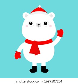 Polar white bear cub face in red Santa hat, scarf, mittens. Cute cartoon kawaii funny baby character. Happy New Year. Merry Christmas. Arctic animal. Flat design Hello winter. Blue background. Vector