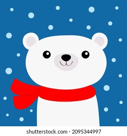 Polar white bear cub face in red scarf. Cute cartoon kawaii baby character. Merry Christmas. Happy New Year. Arctic animal. Flat design Hello winter. Blue snow flake background. Vector illustration