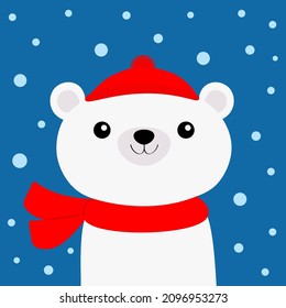 Polar white bear cub face in red Santa hat, scarf. Merry Christmas. Cute cartoon kawaii baby character. Happy New Year. Arctic animal. Flat design Hello winter. Blue snow background. Vector