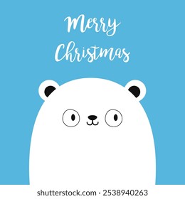 Polar white bear cub face. Merry Christmas. Happy New Year. Cute cartoon kawaii funny baby character. Arctic animal. Hello winter. Flat design. Greeting card. Childish style. Blue background. Vector