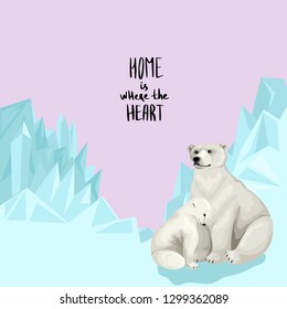 Polar white bear with cub. Little cute teddy bear with mother. Bear family in the Arctic. Sitting together among the mountains of ice and snow. Winter landscape. Vector illustration greeting card.