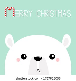 Polar white bear cub sad face. Merry Christmas. Candycane text. Happy New Year. Cute cartoon baby character. Arctic animal. Hello winter. Flat design. Blue background. Greeting card print. Vector