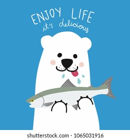 Polar white bear eat salmon fish, enjoy life it's delicious cartoon vector illustration