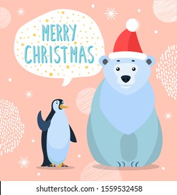 Polar white bear and emperor penguin, cartoon characters. Merry christmas greeting card. Preparing for winter holiday. Arctic animal in red hat and antarctic bird. Vector illustration in flat style
