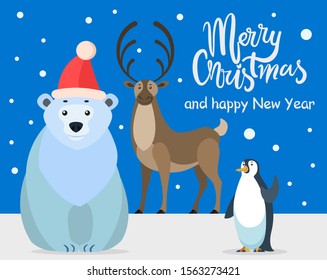 Polar white bear, emperor penguin and north reindeer, cartoon characters. Merry christmas greeting card. Preparing for winter holidays. Arctic animal in red hat. Vector illustration in flat style
