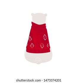 Polar white bear in a funny Christmas sweater sitting the view from back flat vector illustration isolated on white background. North animal silhouette the winter symbol.