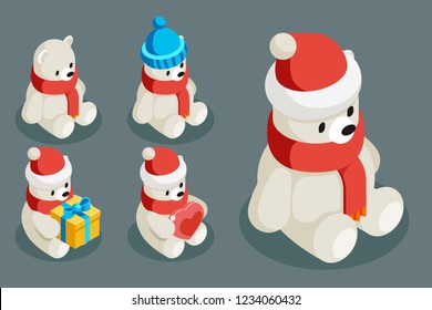 Polar white bear isometric christmas character animal winter new year 3d flat cartoon design vector illustration