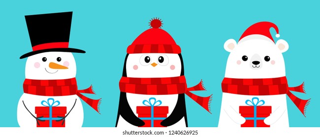 Polar white bear, penguin, snowman holding gift box. Hat, scarf. Cute cartoon baby character set. Happy New Year. Merry Christmas. Arctic animal. Flat design Hello winter Blue background. Vector