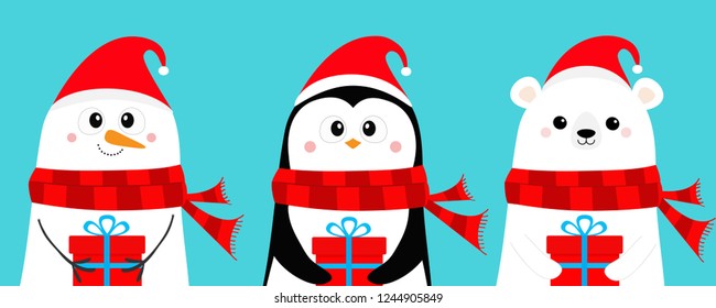 Polar white bear, penguin, snowman holding gift box. Red Santa hat, scarf. Cute cartoon baby character set. Happy New Year. Merry Christmas. Arctic animal. Flat design Winter Blue background. Vector