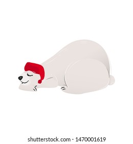 Polar white bear sleeping in the red Santa's hat cute cartoon character flat vector illustration isolated on white background. The animal for winter Christmas posters.