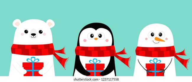 Polar white bear, snowman, penguin in red scarf holding gift box. Cute cartoon baby character set. Merry Christmas. Happy New Year. Arctic animal Flat design Winter Blue background Vector illustration