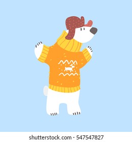 Oso Blanco Polar En Suéter Y Gorro Con Flapas De Oído, Animal Ártico Vestido Con Caricatura De Ropa Humana De Invierno