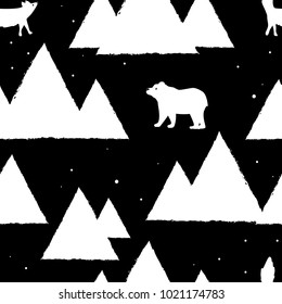 Polar white bears and foxes with triangle abstract mountains. Cute seamless pattern for christmas card, holiday wrapping paper, textile fabric, wallpaper. Vector background, black and white