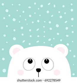 Polar White Little Small Bear Cub Head Face Looking Up To Snow Flake. Big Eyes. Cute Cartoon Baby Character. Arctic Animal Collection. Flat Design Winter Blue Background Isolated. Vector