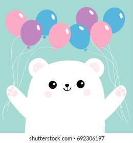 Polar white small little bear cub holding balloon set. Cute cartoon baby character icon. Arctic animal collection. Flat design Blue background Isolated. Vector illustration