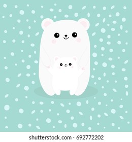 Polar white small little bear cub. Reaching for a hug. Cute cartoon character icon. Mother hugging baby Arctic animal collection Flat design. Winter blue background with snow flake. Vector illustrator