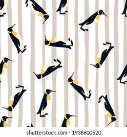 Polar zoo seamless pattern with random black penguins doodle ornament. Light striped background. Decorative print for fabric design, textile print, wrapping, cover. Vector illustration.