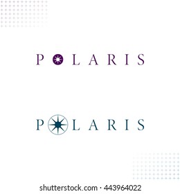 Polaris Logo With Authentic Star Symbols - Dark Turquoise And Dark Purple Letters And Objects On White Background With Star Symbol Decor Elements - Flat Contrast Graphic Illustration