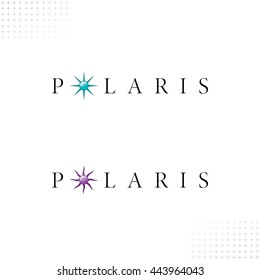 Polaris Logo With Authentic Star Symbols - Black Letters With Turquoise And Purple Relief Glossy Objects On White Background With Star Symbol Decor Elements - Gradient And Flat Mixed Graphic