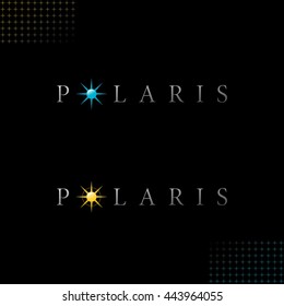 Polaris Logo With Authentic Star Symbols - Light Grey Letters With Colored Yellow And Blue Relief Glossy Objects On Black Background With Star Symbol Decor Elements - Gradient And Flat Mixed Graphic