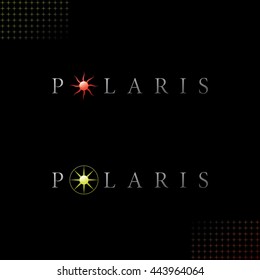 Polaris Logo With Authentic Star Symbols - Light Grey Letters With Colored Red And Green Relief Glossy Objects On Black Background With Star Symbol Decor Elements - Gradient And Flat Mixed Graphic